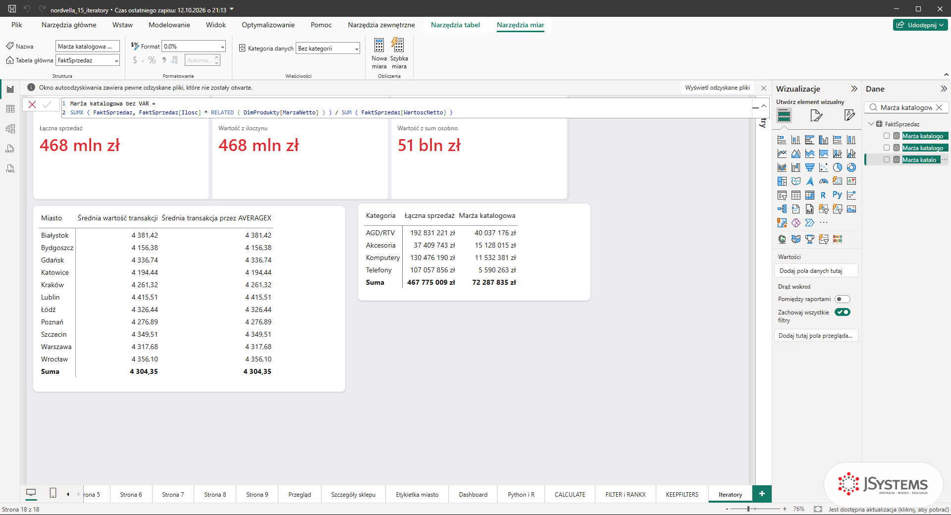 Pasek formuł Power BI z miarą Marża katalogowa bez VAR zapisaną w jednej linii