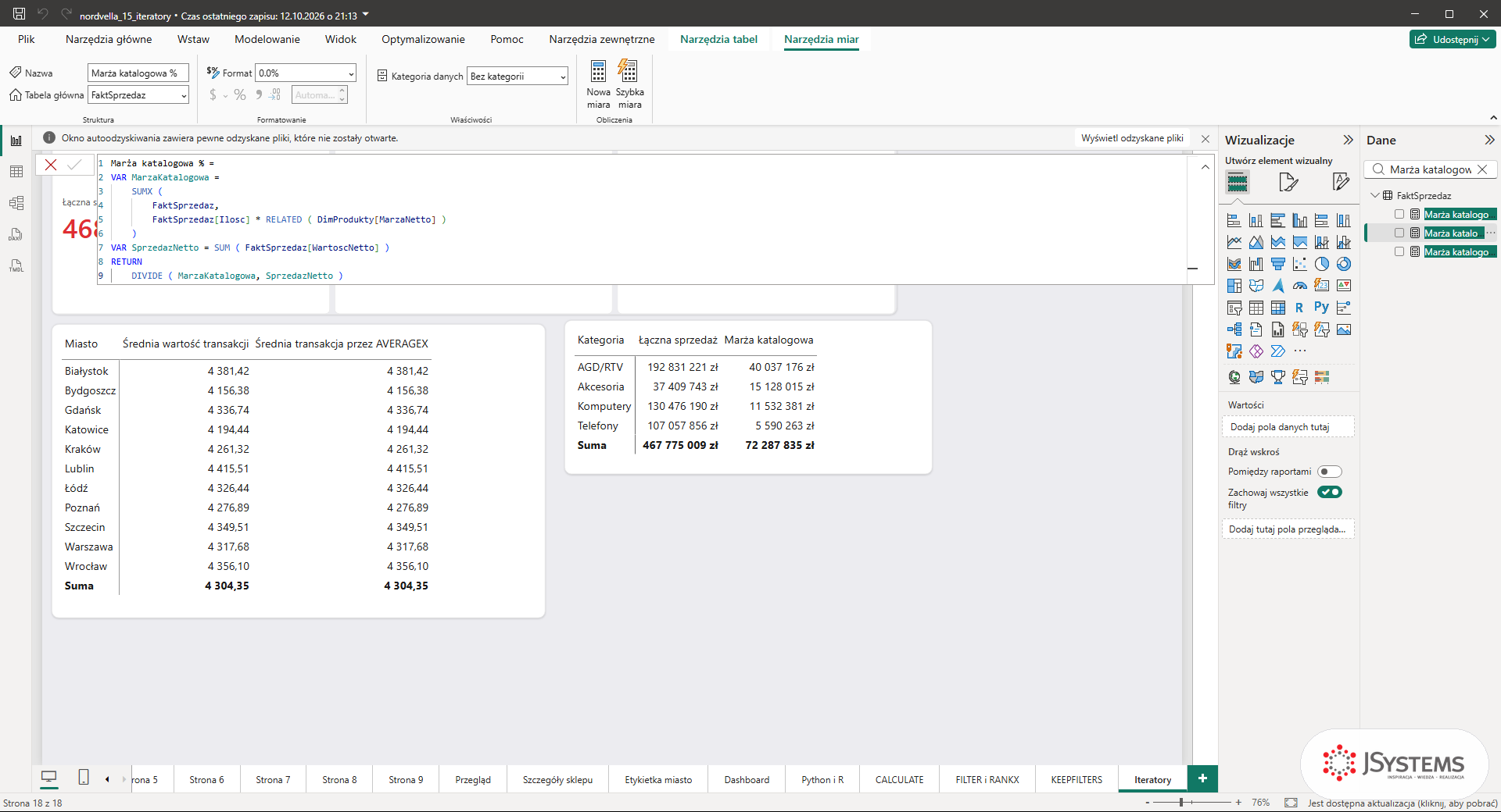 Pasek formuł Power BI z miarą Marża katalogowa % zapisaną ze zmiennymi VAR i RETURN z DIVIDE