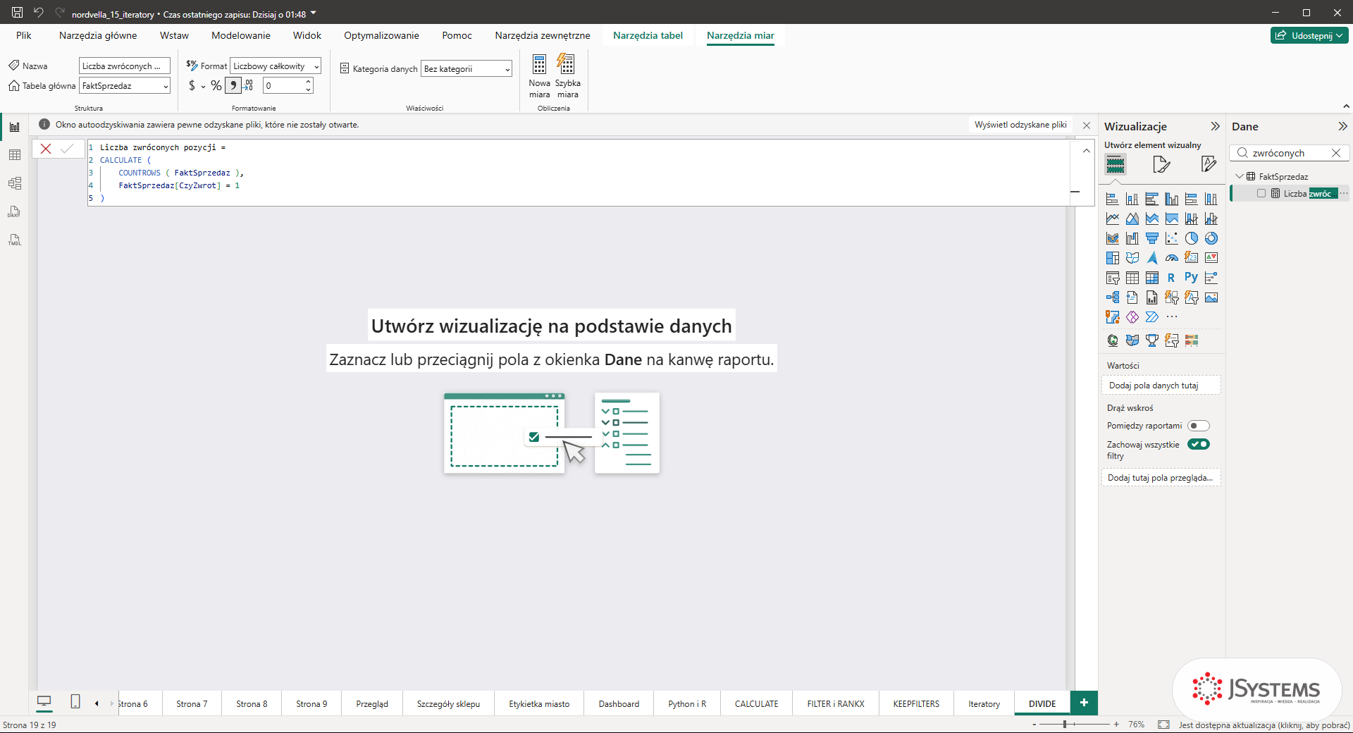 Pasek formuł Power BI z miarą Liczba zwróconych pozycji: CALCULATE z COUNTROWS i warunkiem CzyZwrot = 1
