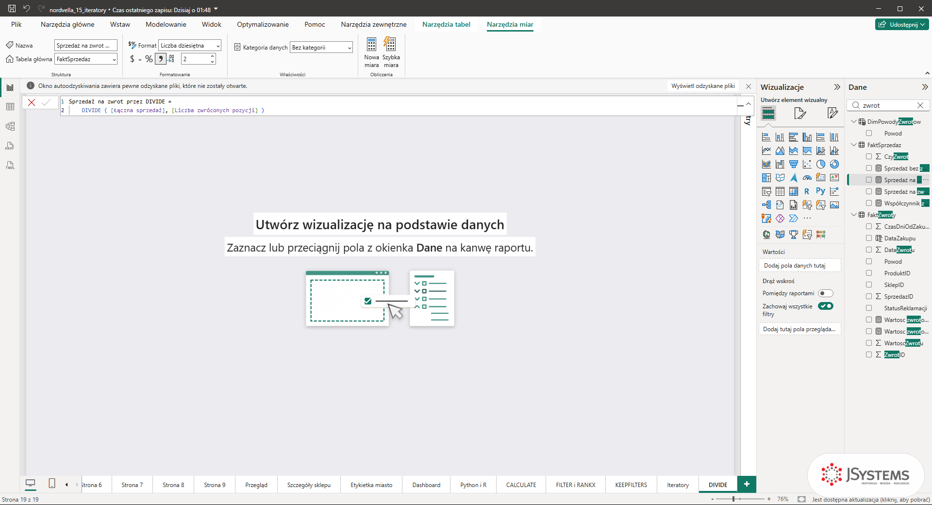 Pasek formuł Power BI z miarą Sprzedaż na zwrot przez DIVIDE