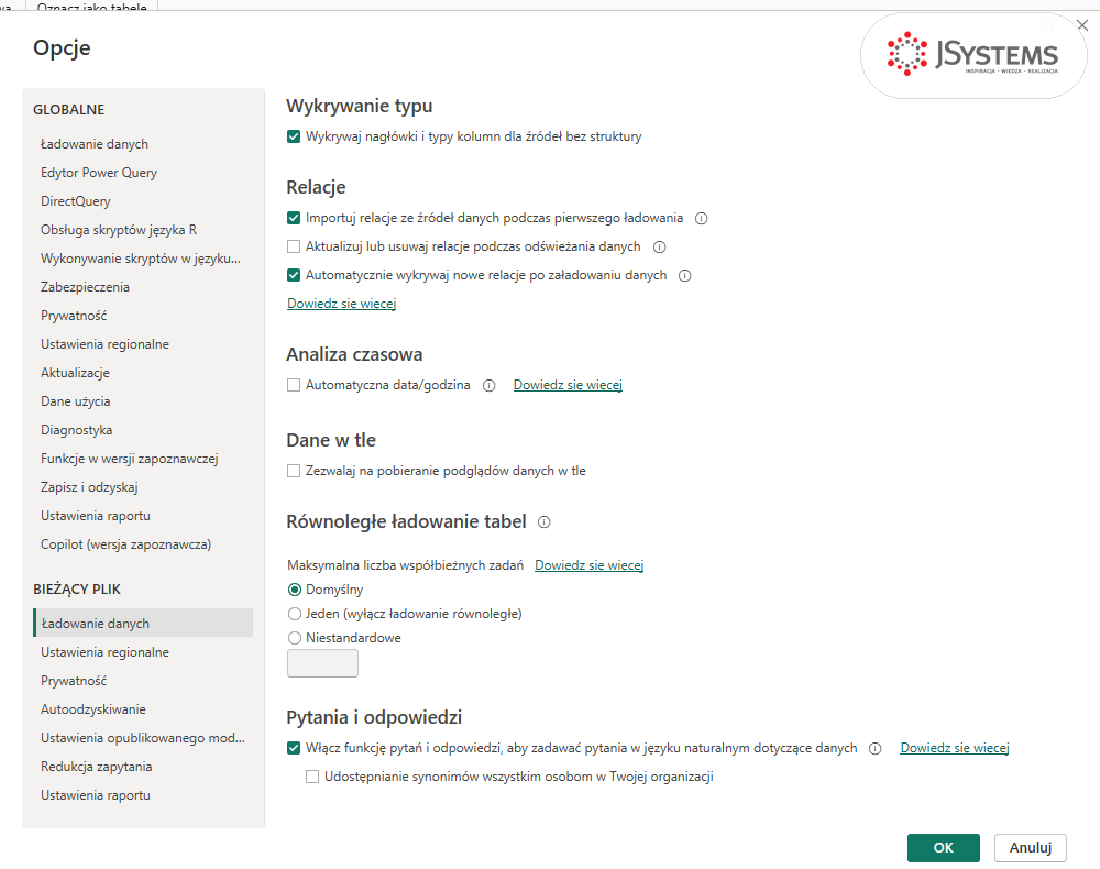 Okno Opcje Power BI, Bieżący plik, Ładowanie danych: odznaczona opcja Automatyczna data/godzina