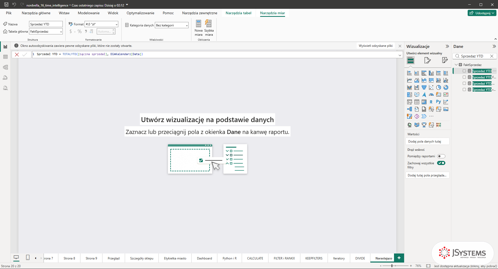 Pasek formuł Power BI z miarą Sprzedaż YTD: TOTALYTD z Łączną sprzedażą i DimKalendarz[Data]