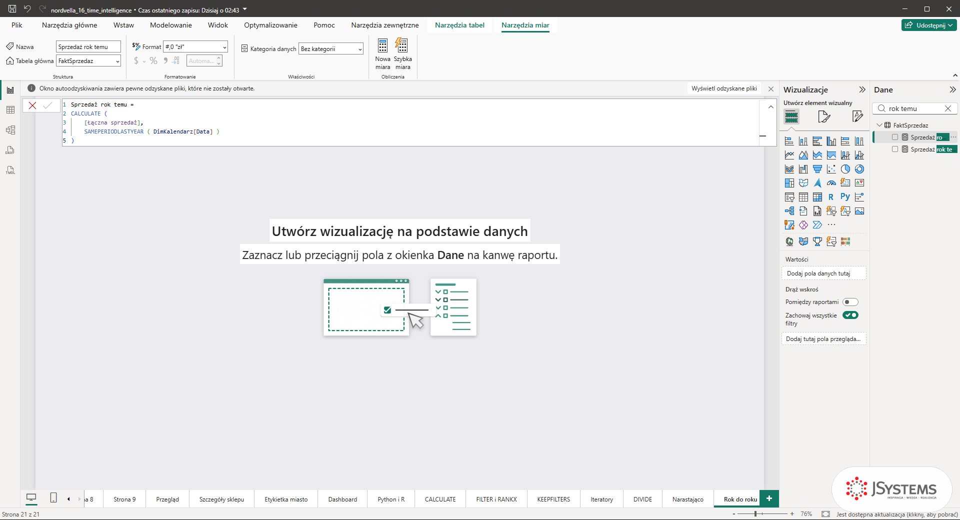 Pasek formuł Power BI z miarą Sprzedaż rok temu: CALCULATE z SAMEPERIODLASTYEAR