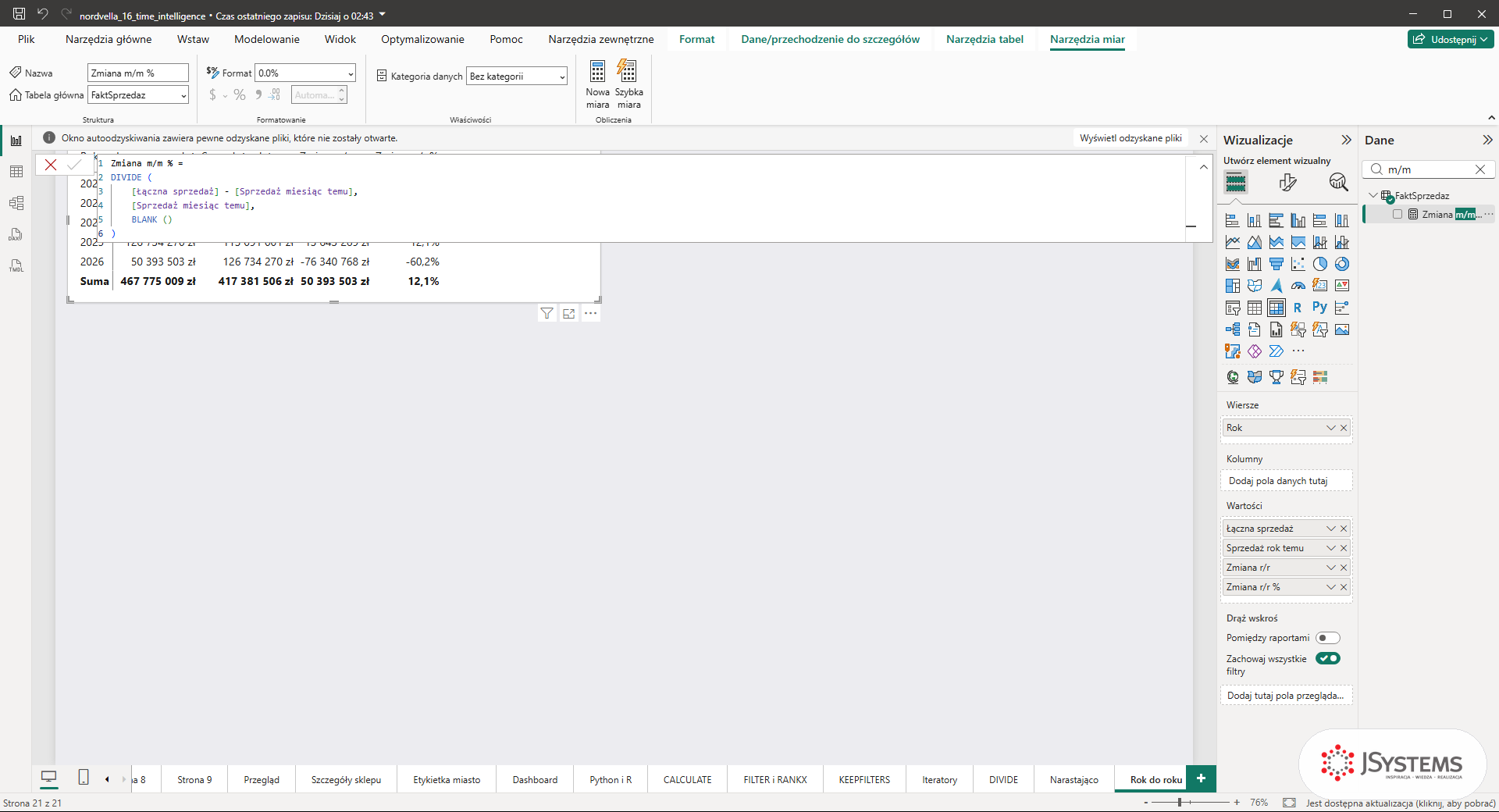 Pasek formuł Power BI z miarą Zmiana m/m % opartą na Sprzedaży miesiąc temu z DATEADD