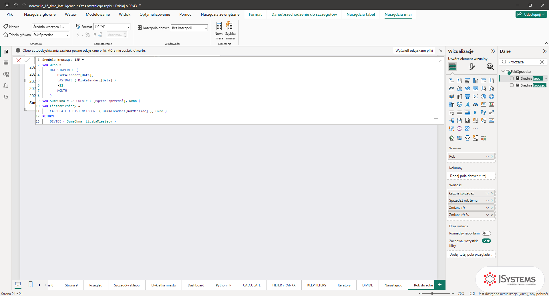 Pasek formuł Power BI z miarą Średnia krocząca 12M: DATESINPERIOD, SumaOkna i LiczbaMiesiecy w zmiennych VAR