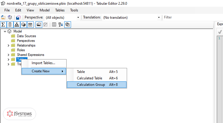 Menu kontekstowe węzła Tables w Tabular Editor: Create New z pozycjami Table, Calculated Table i Calculation Group