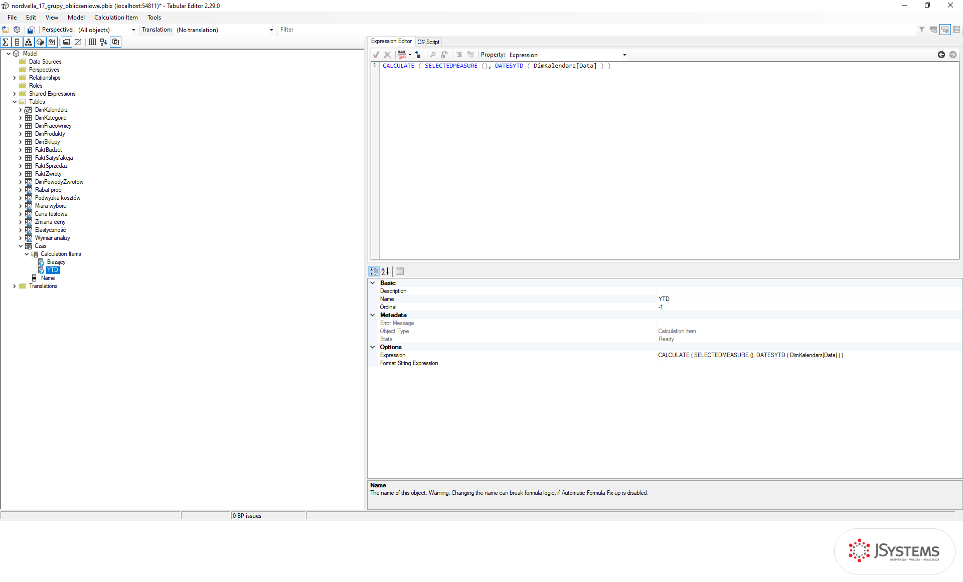 Tabular Editor: element YTD grupy Czas z wyrażeniem CALCULATE, SELECTEDMEASURE i DATESYTD w edytorze