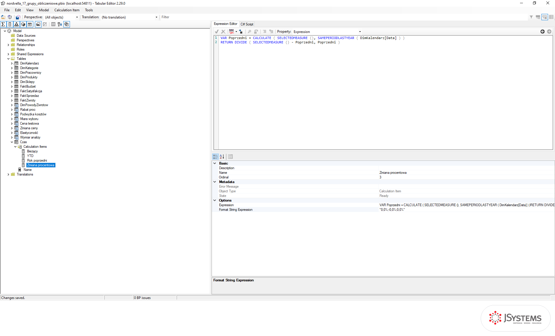 Tabular Editor po zapisie do modelu: tytuł bez gwiazdki i komunikat Changes saved na pasku stanu