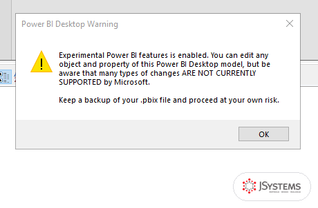 Ostrzeżenie Power BI Desktop Warning w Tabular Editor o włączonych funkcjach eksperymentalnych