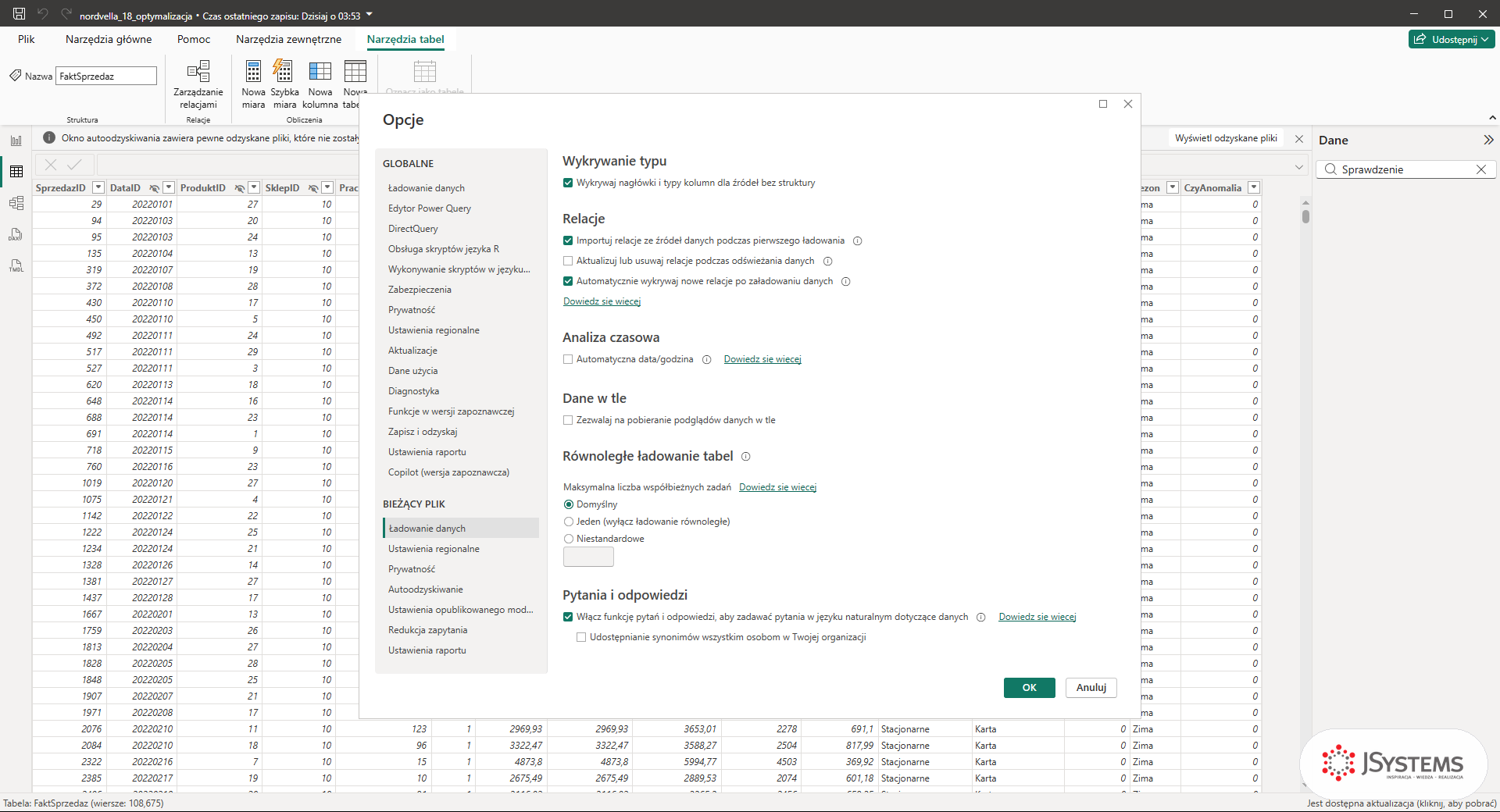 Okno Opcje Power BI, Bieżący plik, Ładowanie danych: odznaczona opcja Automatyczna data/godzina w grupie Analiza czasowa