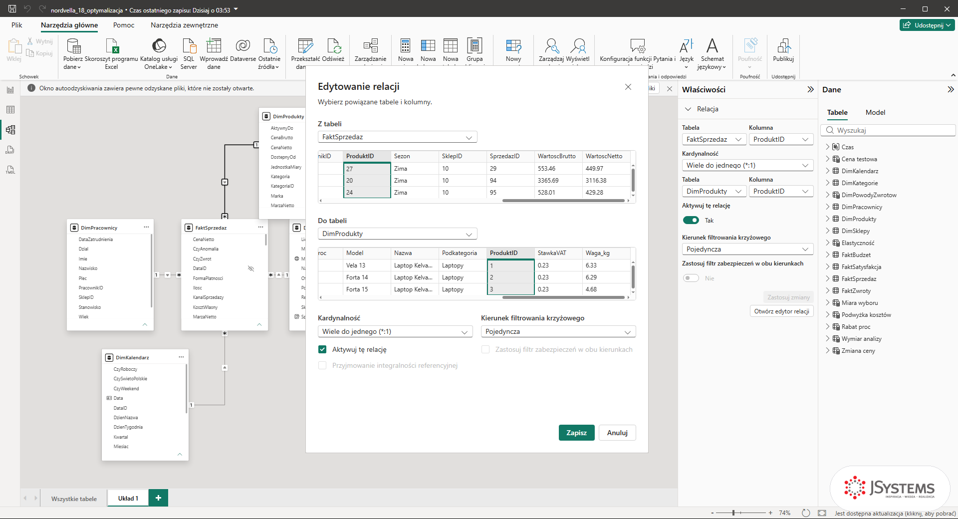 Okno Edytowanie relacji w Power BI: FaktSprzedaz do DimProdukty po ProduktID, Wiele do jednego, kierunek Pojedyncza