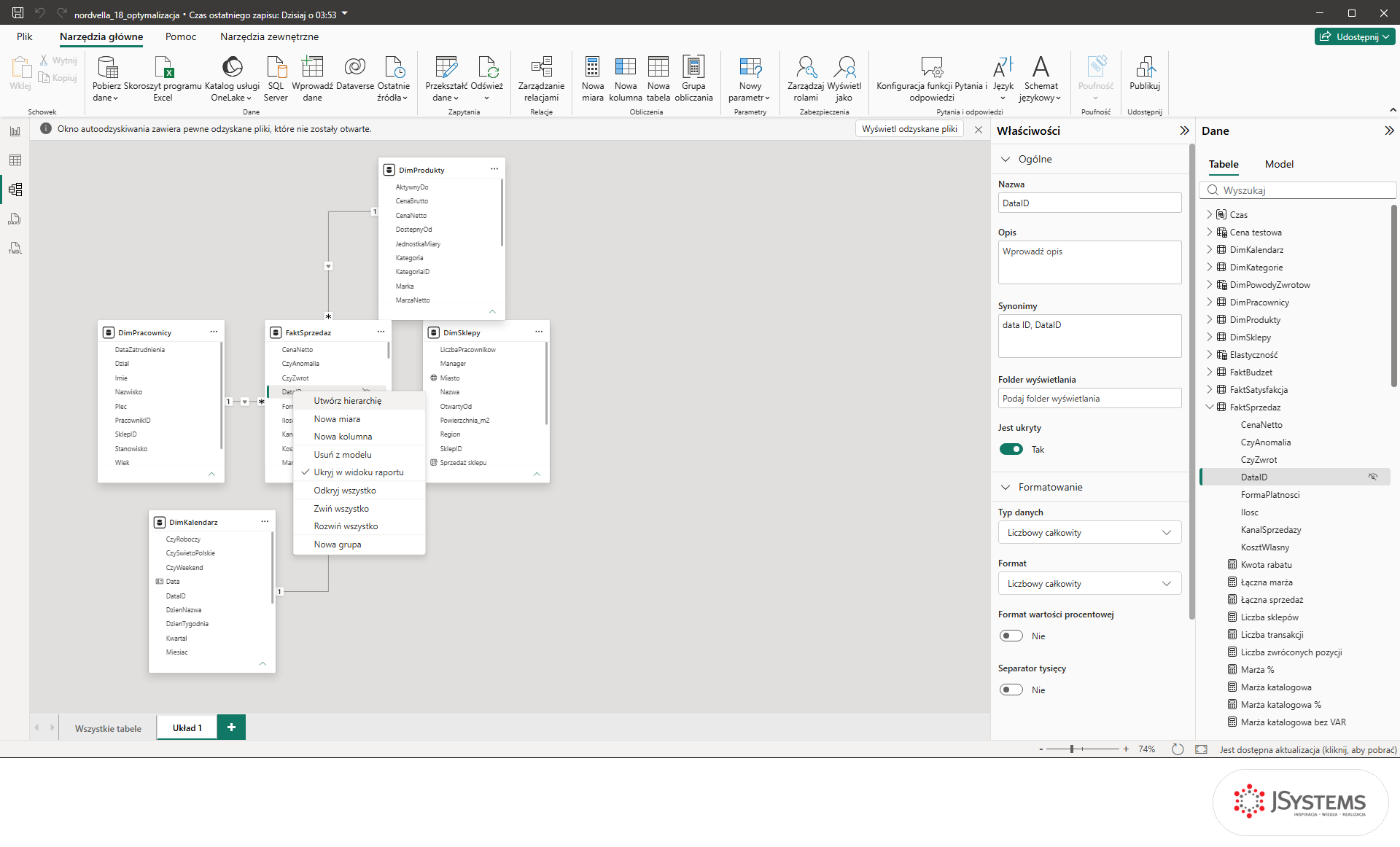 Widok Model Power BI: menu kolumny DataID w FaktSprzedaz z zaznaczoną pozycją Ukryj w widoku raportu i Jest ukryty Tak