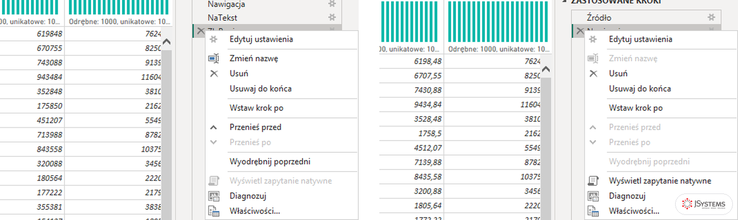 Dwa menu kroku w Power Query: Wyświetl zapytanie natywne wyszarzone po utracie składania i aktywne, gdy krok się składa