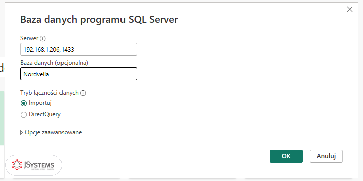 Okno Baza danych programu SQL Server w Power BI Desktop: serwer 192.168.1.206,1433, baza Nordvella, tryb łączności Importuj