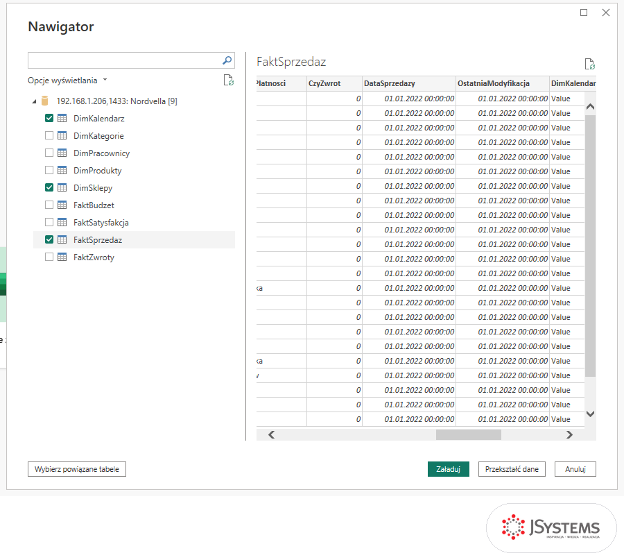 Okno Nawigator w Power BI: zaznaczone DimKalendarz, DimSklepy i FaktSprzedaz, w podglądzie kolumny DataSprzedazy i OstatniaModyfikacja