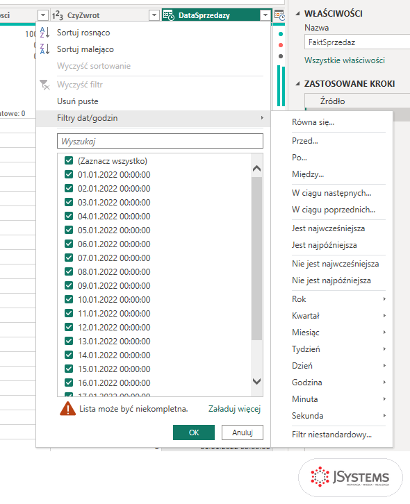 Menu filtra kolumny DataSprzedazy w Power Query: rozwinięte Filtry dat/godzin z pozycją Filtr niestandardowy na końcu listy