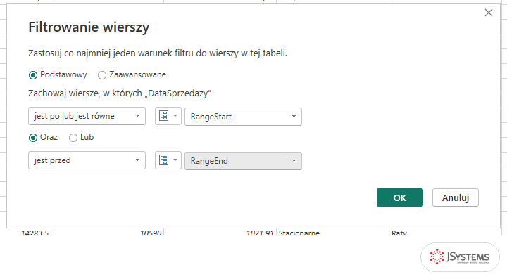 Okno Filtrowanie wierszy dla DataSprzedazy: jest po lub jest równe RangeStart oraz jest przed RangeEnd, oba z przełącznikiem typu ustawionym na parametr