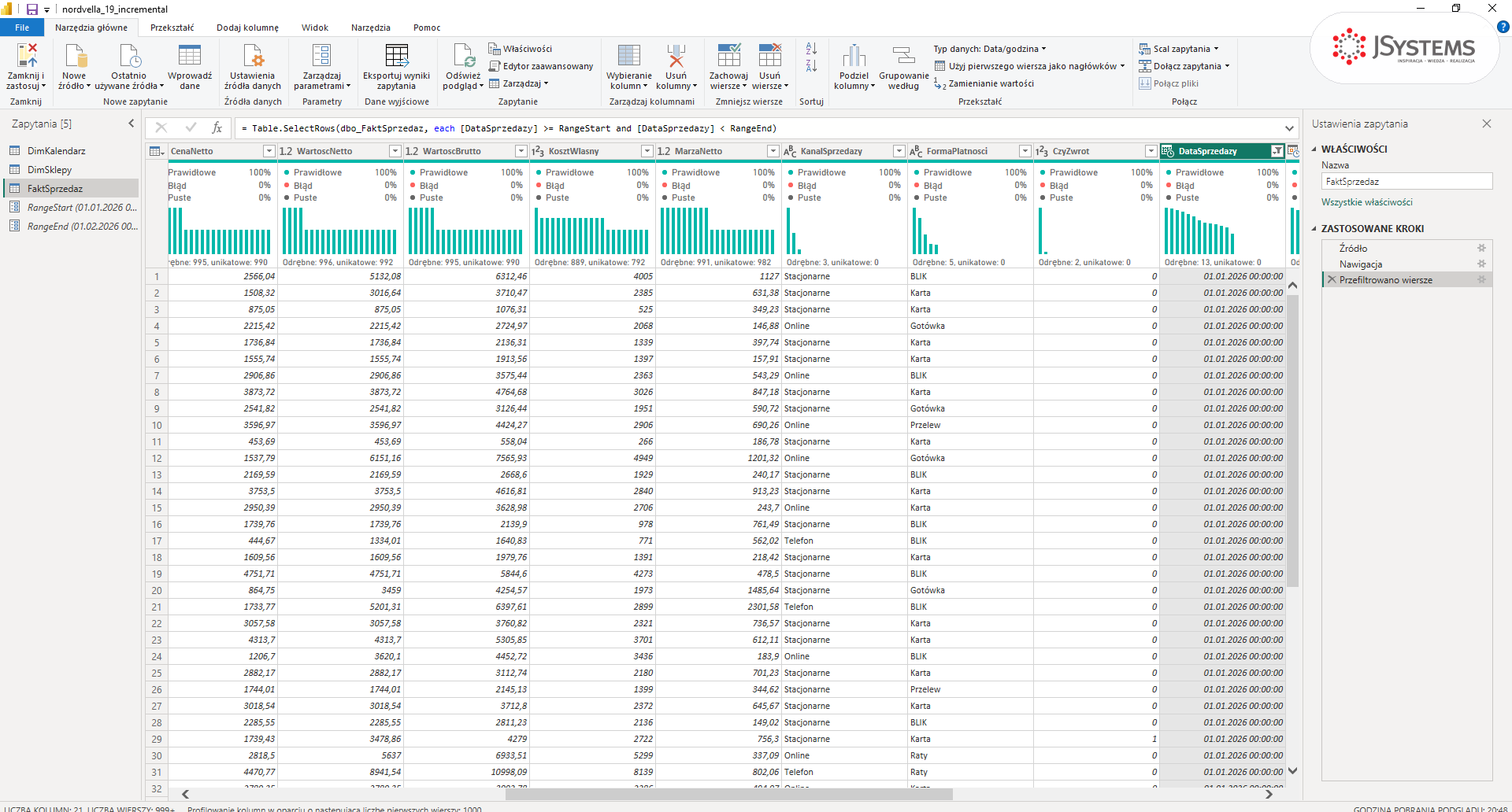 Edytor Power Query po filtrze: w kolumnie DataSprzedazy daty ze stycznia 2026, krok Przefiltrowano wiersze i formuła Table.SelectRows z RangeStart i RangeEnd
