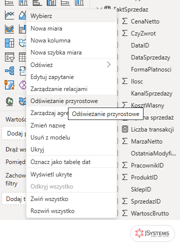 Menu tabeli FaktSprzedaz w panelu Dane w Power BI Desktop: pozycja Odświeżanie przyrostowe między Zarządzanie relacjami a Zarządzaj agregacjami