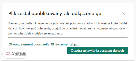 Komunikat Power BI Desktop: Plik został opublikowany, ale odłączono go, z przyciskiem Otwórz ustawienia zestawu danych