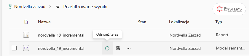 Lista obszaru roboczego Nordvella Zarzad: raport i model semantyczny nordvella_19_incremental, przy modelu ikona Odśwież teraz z podpowiedzią