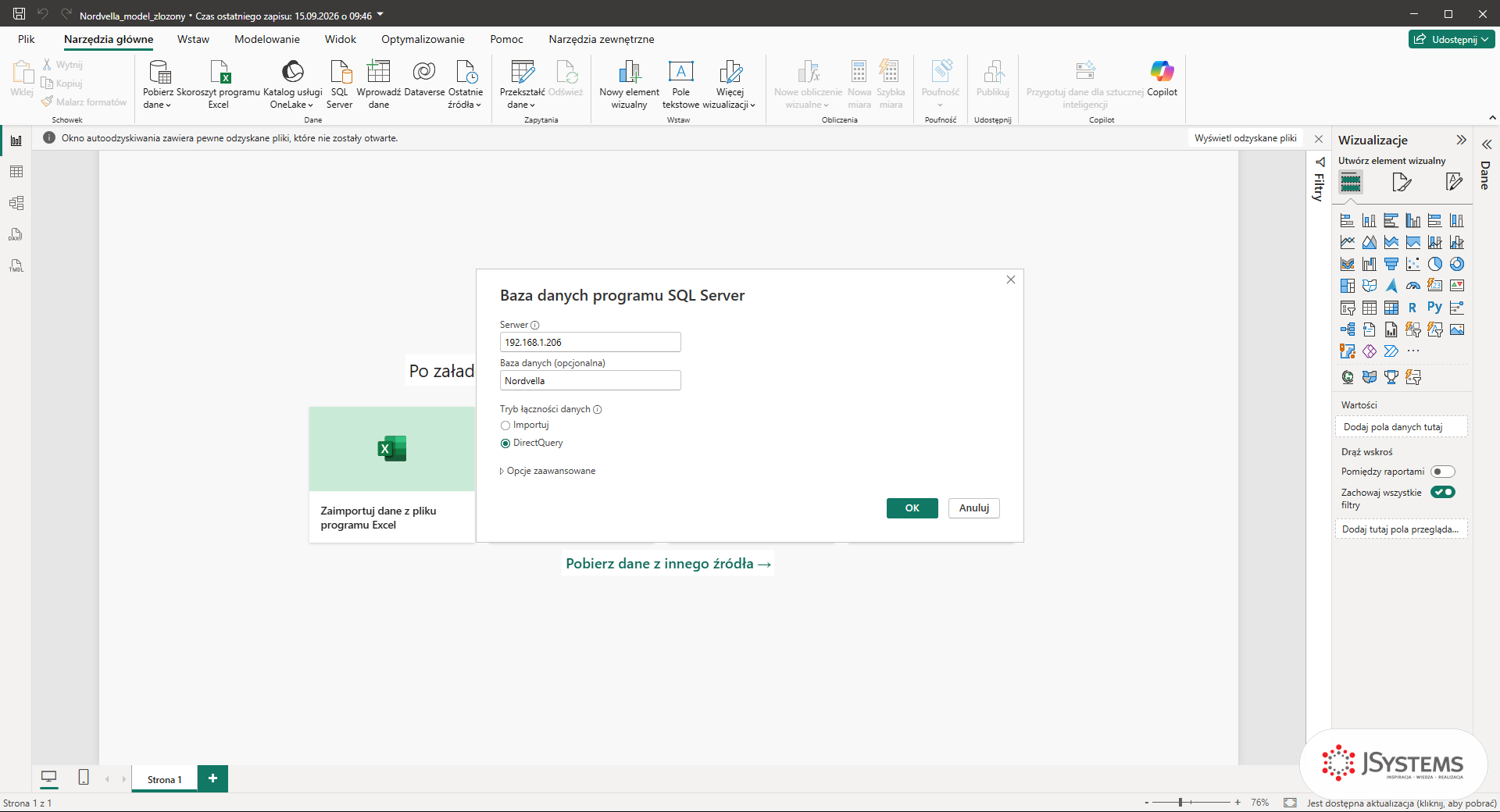 Okno Baza danych programu SQL Server w Power BI: serwer 192.168.1.206, baza Nordvella, zaznaczony tryb DirectQuery