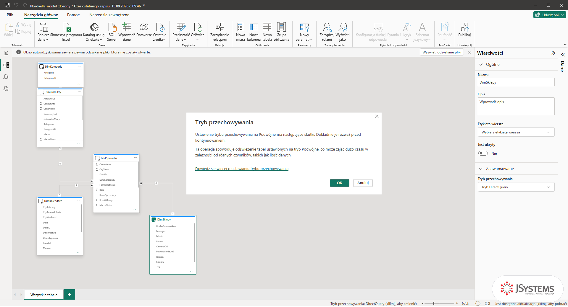 Okno Tryb przechowywania w Power BI: ostrzeżenie o odświeżeniu tabel ustawionych na tryb Podwójne