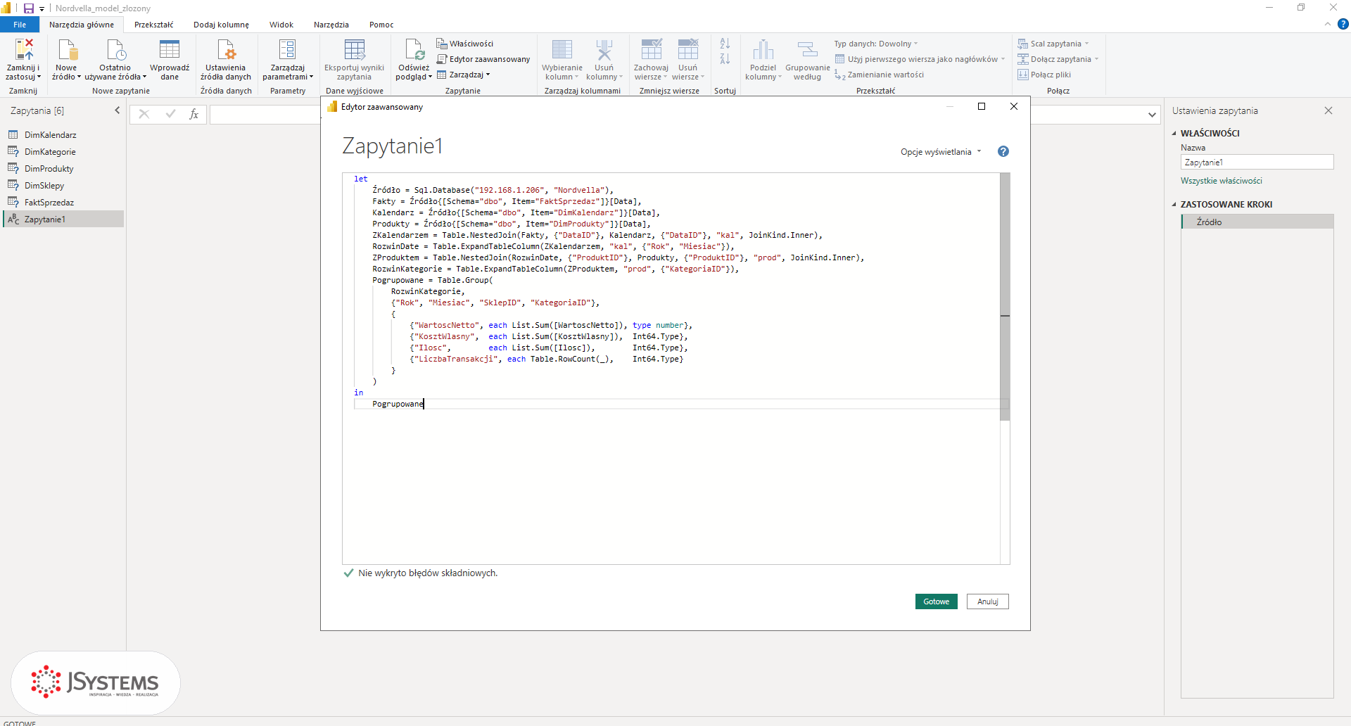 Edytor zaawansowany Power Query z kodem M agregatu: Sql.Database, złączenia z DimKalendarz i DimProdukty, Table.Group