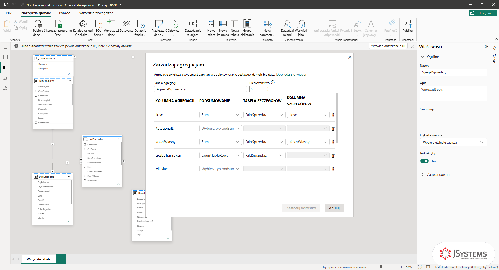 Okno Zarządzaj agregacjami w Power BI: Ilosc i KosztWlasny jako Sum z FaktSprzedaz, LiczbaTransakcji jako CountTableRows, KategoriaID bez mapowania