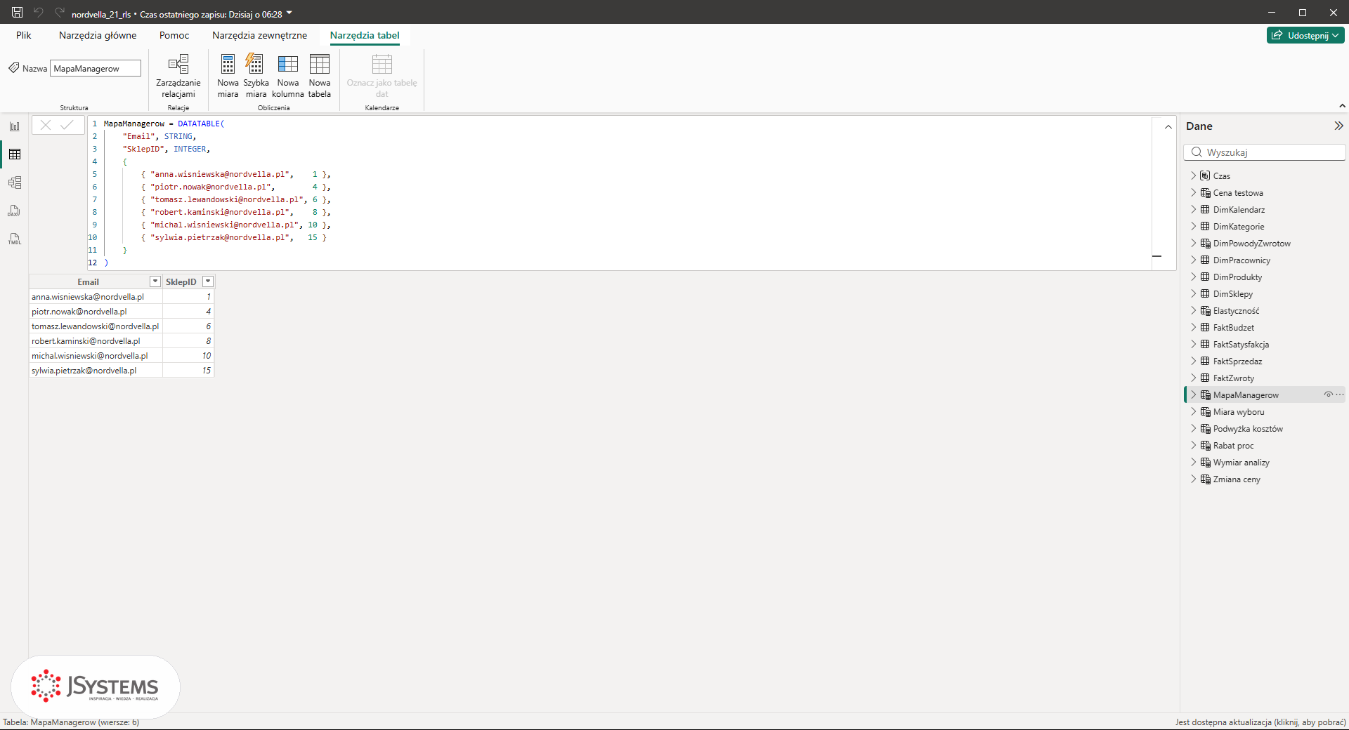 Pasek formuły Power BI z tabelą MapaManagerow z funkcji DATATABLE i podgląd sześciu wierszy: adres e-mail i SklepID
