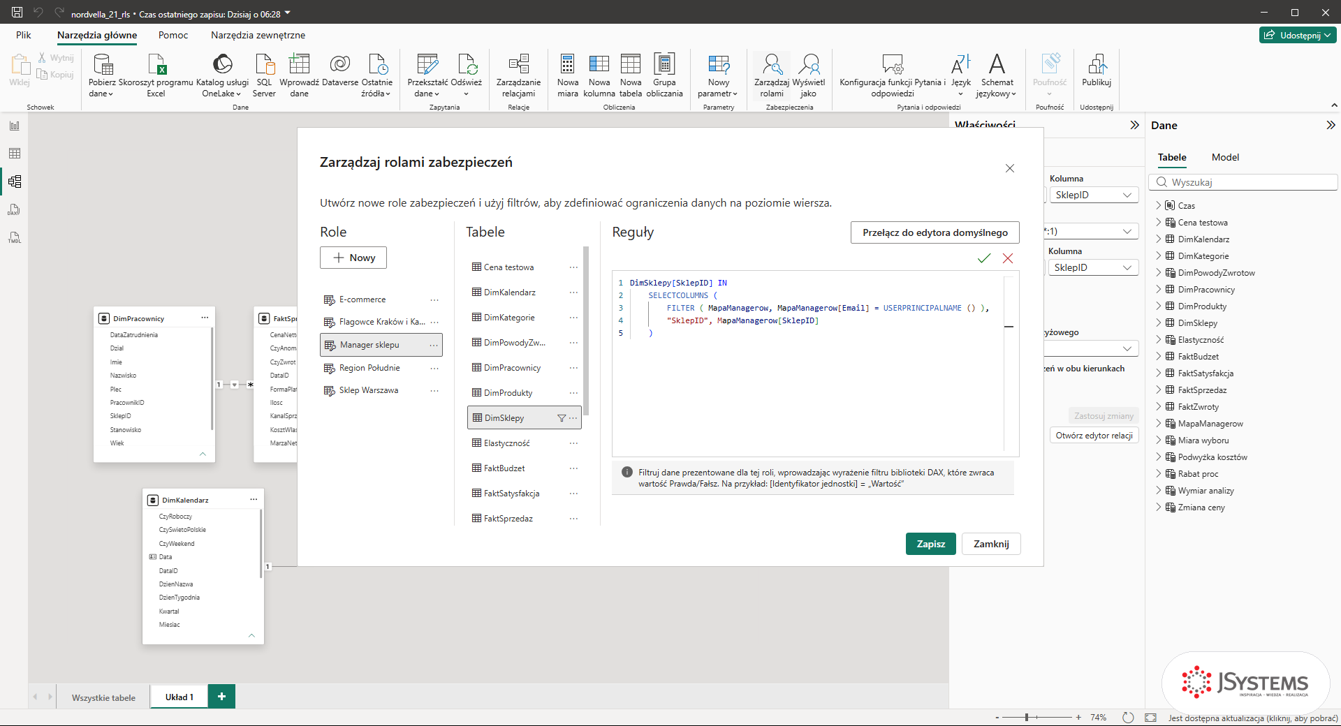 Edytor DAX roli Manager sklepu: reguła na DimSklepy z IN, SELECTCOLUMNS, FILTER i USERPRINCIPALNAME