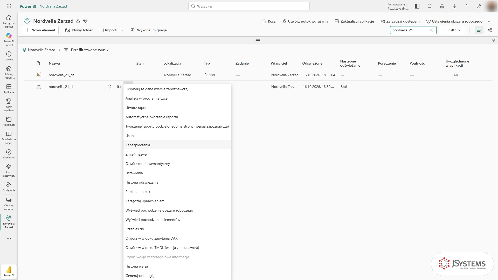 Usługa Power BI, obszar Nordvella Zarzad: menu Więcej opcji modelu semantycznego nordvella_21_rls z podświetloną pozycją Zabezpieczenia