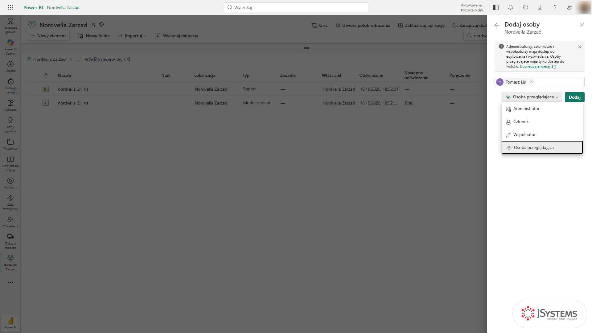 Panel Dodaj osoby w obszarze roboczym Power BI: lista ról Administrator, Członek, Współautor i Osoba przeglądająca