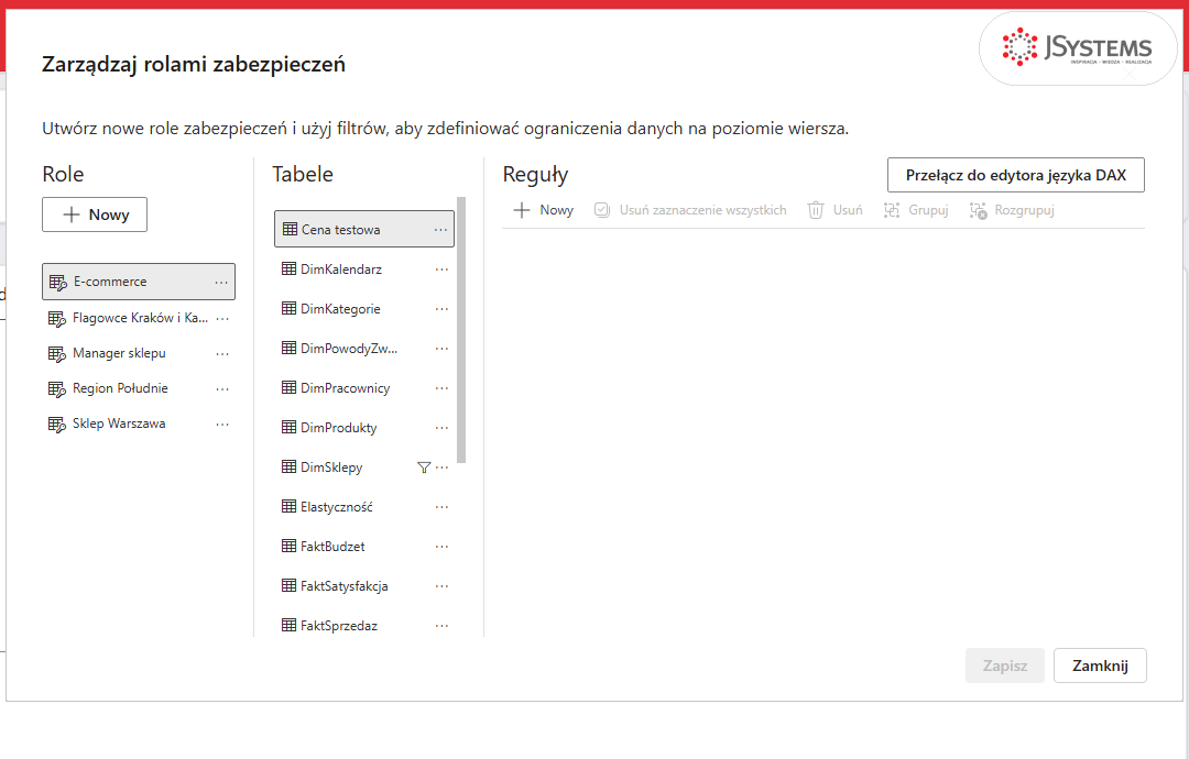 Okno Zarządzaj rolami zabezpieczeń w Power BI Desktop z pięcioma rolami z lekcji 21: E-commerce, Flagowce Kraków i Katowice, Manager sklepu, Region Południe, Sklep Warszawa