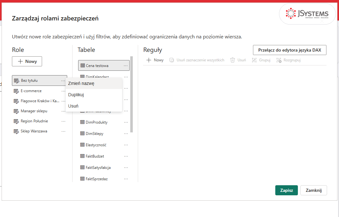 Menu trzech kropek przy nowej roli Bez tytułu z podświetlonym poleceniem Zmień nazwę w oknie ról Power BI Desktop