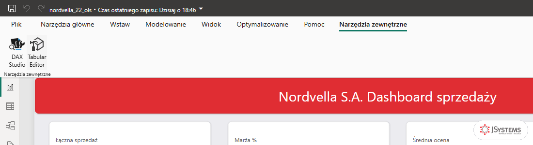 Karta Narzędzia zewnętrzne w Power BI Desktop z ikonami DAX Studio i Tabular Editor
