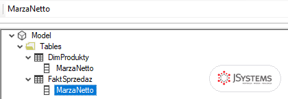 Tabular Editor 2 z filtrem MarzaNetto: w drzewie modelu dwie kolumny MarzaNetto, w tabelach DimProdukty i FaktSprzedaz, zaznaczona kolumna z FaktSprzedaz