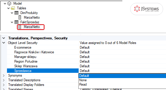 Rozwinięta lista wartości Object Level Security dla roli Sprzedawca w Tabular Editorze: Default, None, Read