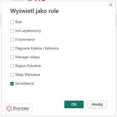 Okno Wyświetl jako role w Power BI Desktop z listą: Brak, Inni użytkownicy i sześć ról, zaznaczona rola Sprzedawca