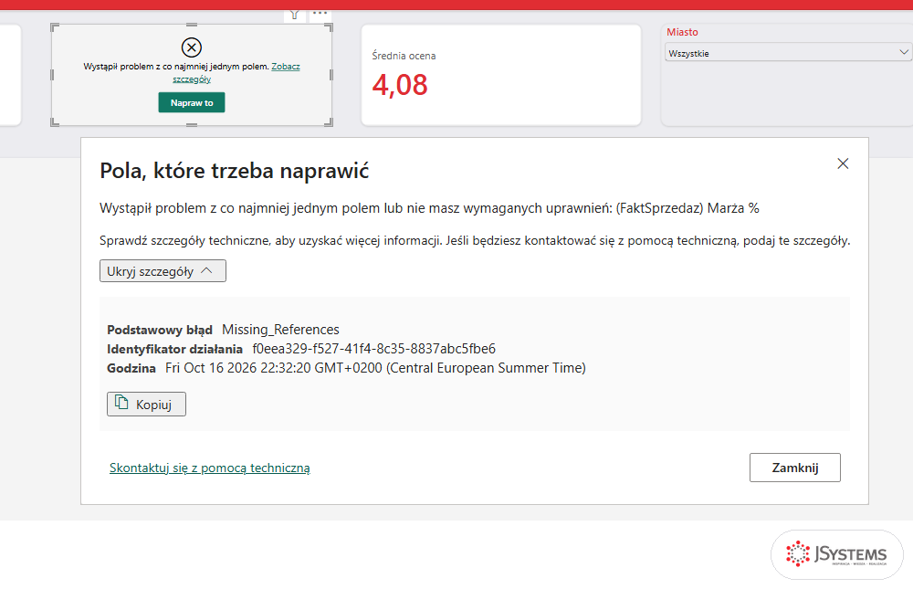 Okno Pola, które trzeba naprawić w Power BI Desktop: problem z polem (FaktSprzedaz) Marża % lub brak uprawnień, podstawowy błąd Missing_References