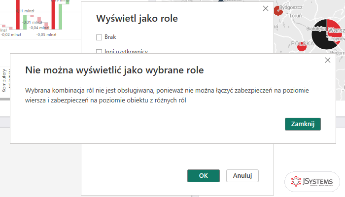 Komunikat Power BI Desktop Nie można wyświetlić jako wybrane role: nie można łączyć zabezpieczeń na poziomie wiersza i obiektu z różnych ról