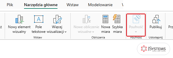 Wstążka Narzędzia główne w Power BI Desktop z wyszarzonym przyciskiem Poufność w grupie Poufność