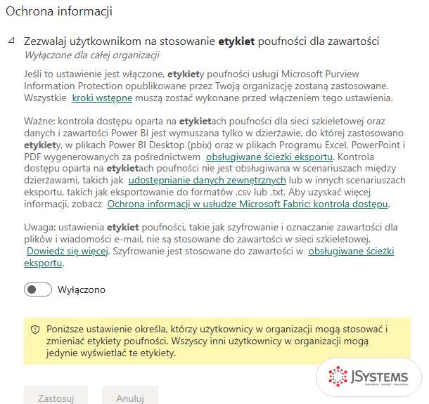 Portal administracyjny Power BI, Ustawienia dzierżawy, Ochrona informacji: ustawienie Zezwalaj użytkownikom na stosowanie etykiet poufności dla zawartości wyłączone
