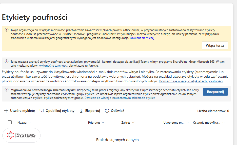 Portal Microsoft Purview, Ochrona informacji, Etykiety poufności: lista pusta, liczba elementów 0, przyciski Utwórz etykietę i Opublikuj etykiety