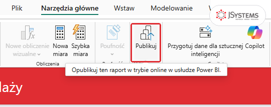 Karta Narzędzia główne w Power BI Desktop z zaznaczonym przyciskiem Publikuj i podpowiedzią Opublikuj ten raport w trybie online w usłudze Power BI