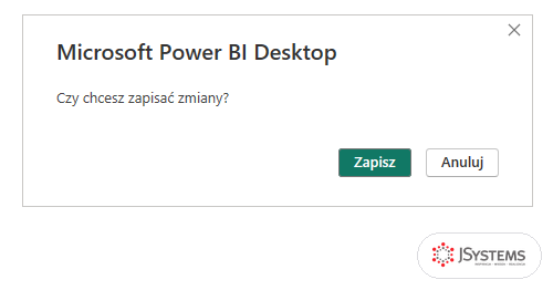 Okno Microsoft Power BI Desktop z pytaniem Czy chcesz zapisać zmiany? i przyciskami Zapisz oraz Anuluj przed publikacją