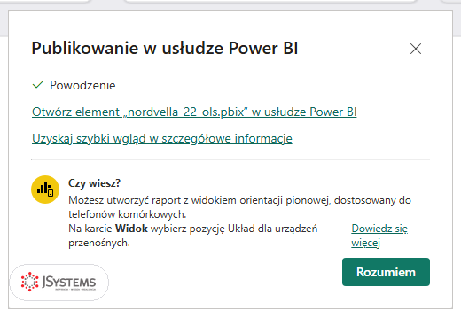 Okno Publikowanie w usłudze Power BI z komunikatem Powodzenie i linkiem Otwórz element nordvella_22_ols.pbix w usłudze Power BI