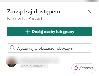 Panel Zarządzaj dostępem obszaru Nordvella Zarzad z przyciskiem Dodaj osoby lub grupy i jedną osobą w roli Administrator
