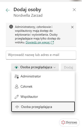 Panel Dodaj osoby w usłudze Power BI z rozwiniętą listą ról: Administrator, Członek, Współautor i Osoba przeglądająca