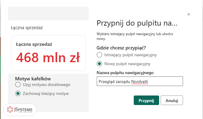 Okno Przypnij do pulpitu nawigacyjnego z podglądem karty Łączna sprzedaż, opcją Nowy pulpit nawigacyjny i nazwą Przegląd zarządu Nordvelli
